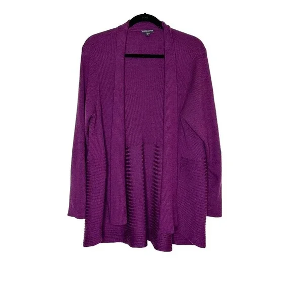 Eileen Fisher Ribbed Open Cardigan Sweater Merino Wool Women's Purple Size 2X